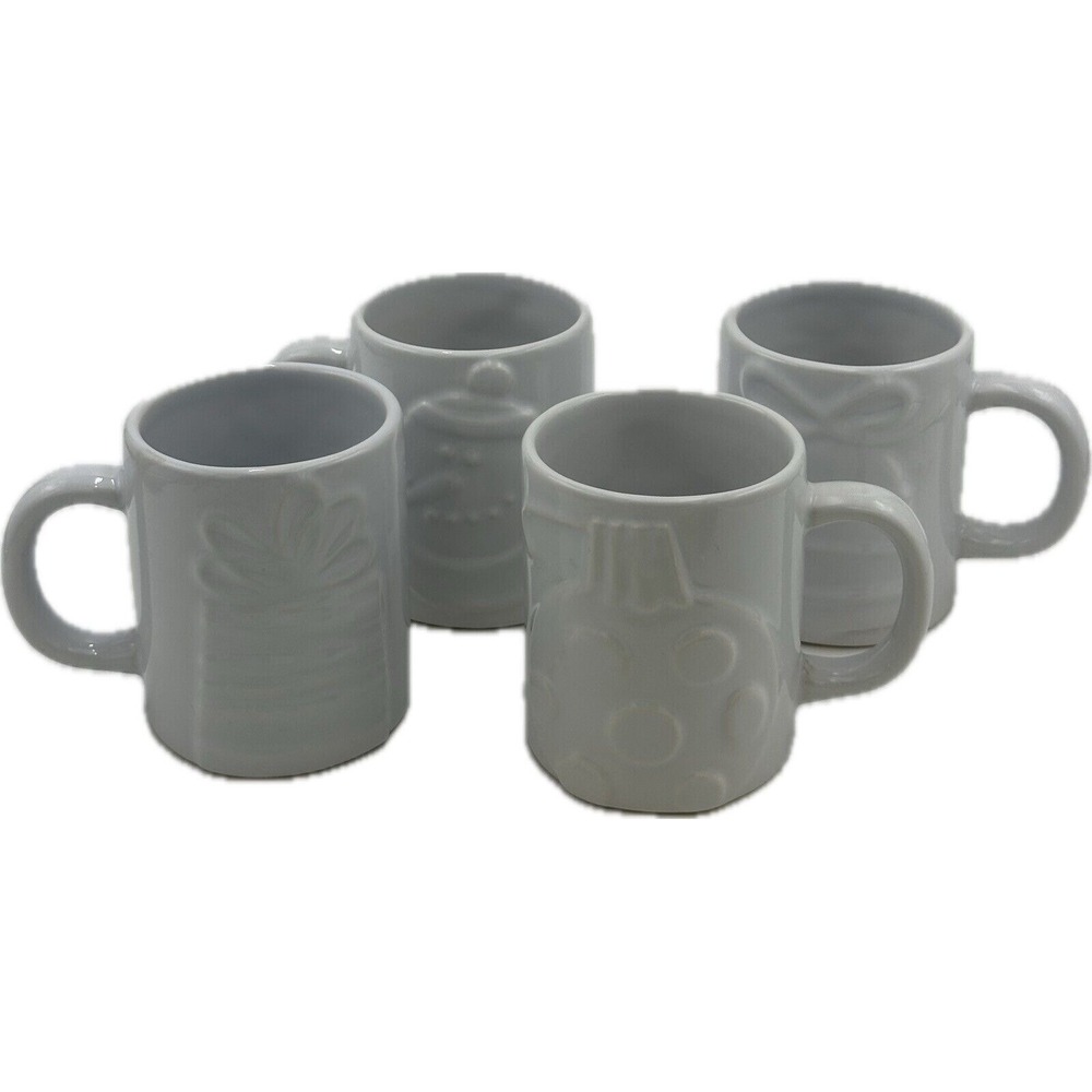 The Cellar‎ White Embossed Christmas Holiday Coffee Tea Mugs Cups Macys Set of 4